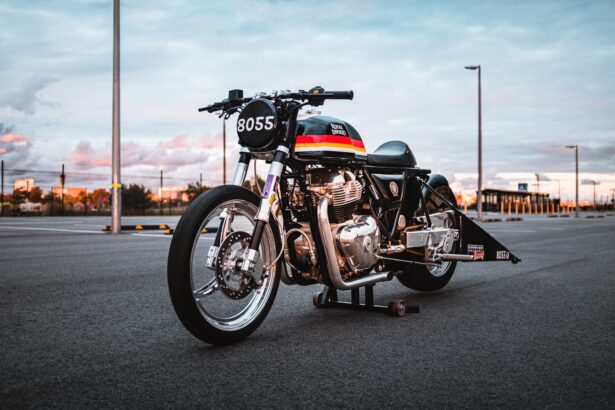 A Royal Enfield 650 Twin drag bike in a Sydney car park at sunset