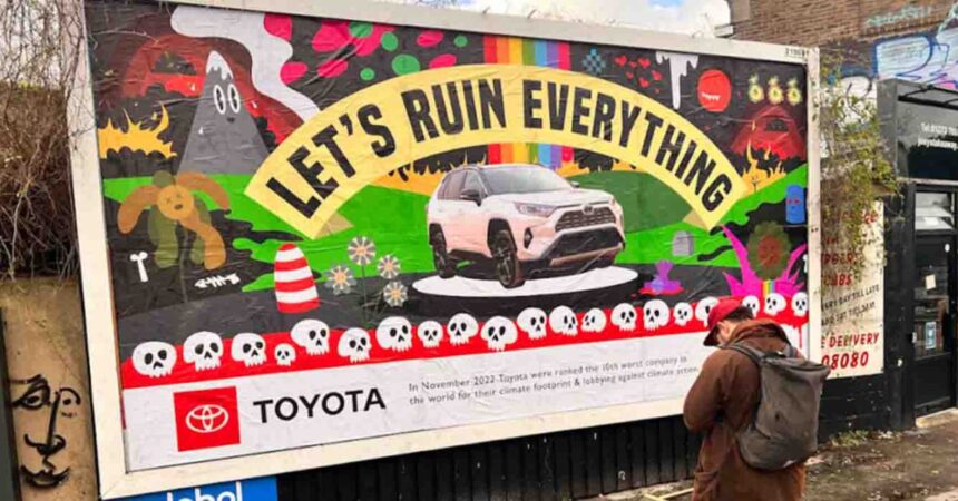 Climate activists use subvertising billboards to call out Toyota and BMW for greenwashing, anti-climate lobbying