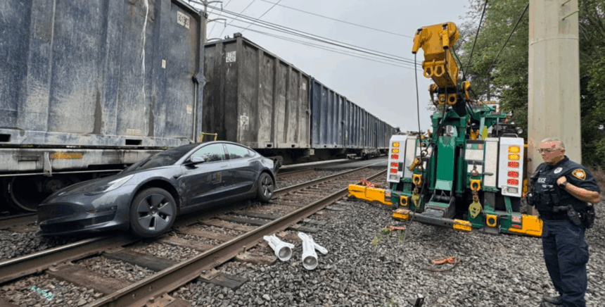 Tesla on ‘self-driving’ gets stuck on train track and hit by train